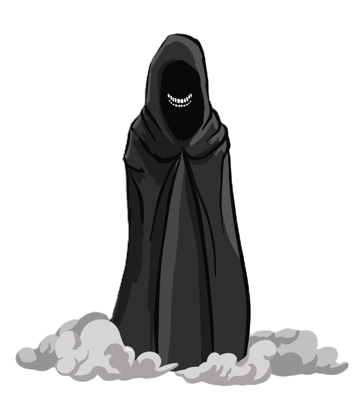 dark hooded figure with only sinister smile visible of face