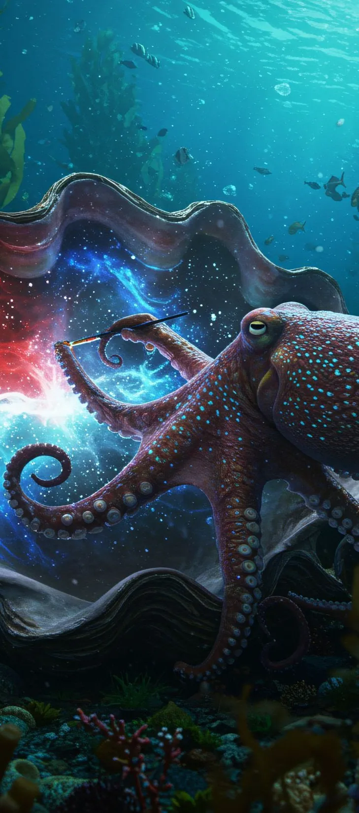octopus with paintbrush painting a galaxy within a giant sea shell